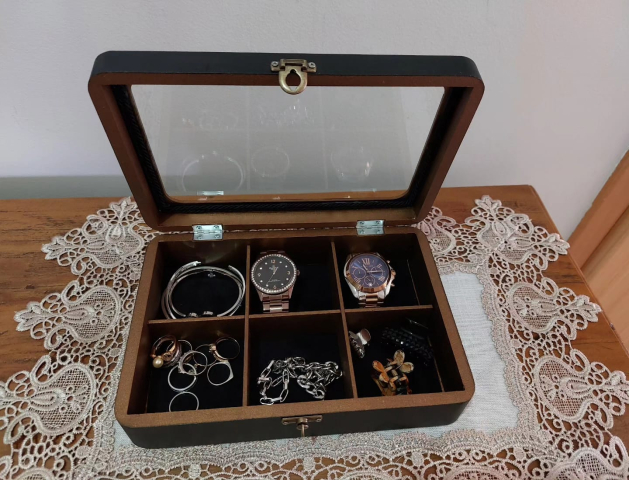 Caixa Relógio Pintura 6 divisórias tampa vidro